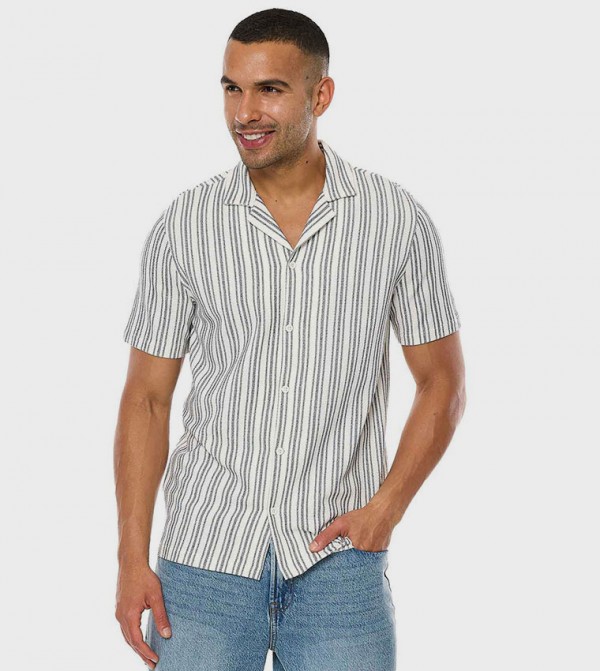 Striped Shirt with Revere Collar and Short Sleeves