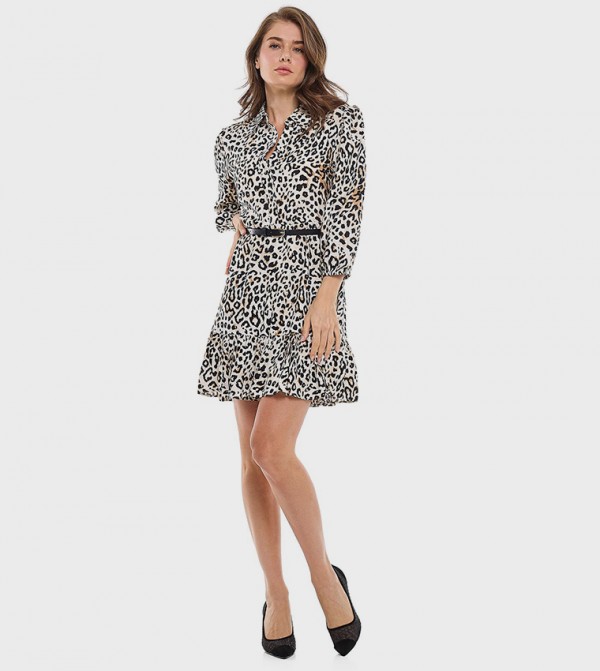 Animal Printed Classic Collar 3/4 Sleeves Shirt Dress