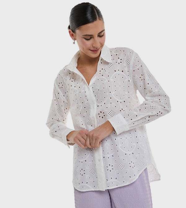 Schiffli Shirt with Classic Collar and Long Sleeves