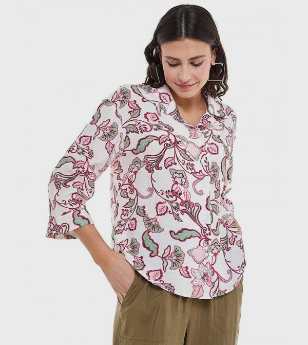 Floral Printed Shirt with Revere Collar and 3/4 Sleeves