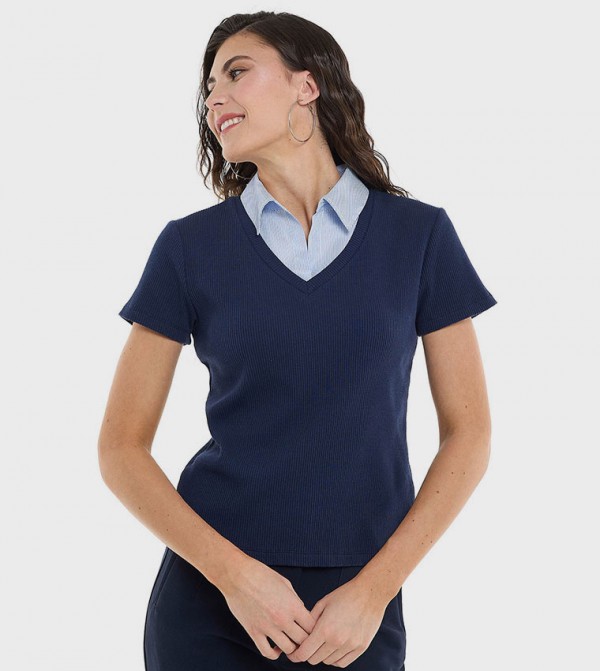Ribbed Shirt Style Top with Classic Collar and Short Sleeves