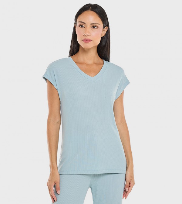 Ribbed Sleep T-Shirt with V-Neck and Short Sleeves