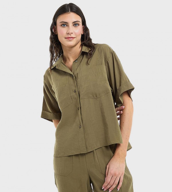 Pocket Detail Shirt with Classic Collar and Short Sleeves