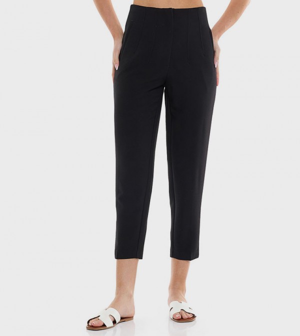 Solid Slim Fit Cropped Trousers with Button Closure