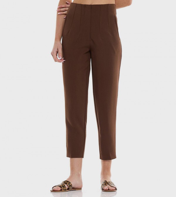 Solid Slim Fit Cropped Trousers with Button Closure