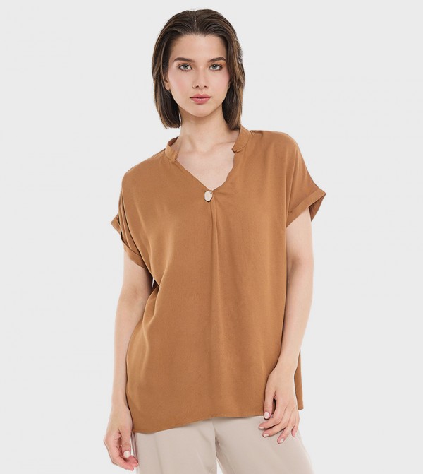 Button Detail Top with Stand Collar and Short Sleeves