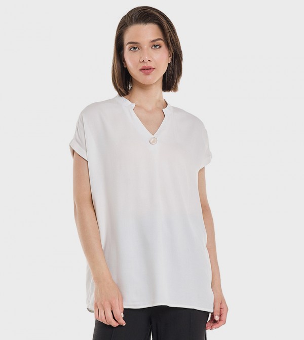 Button Detail Top with Stand Collar and Short Sleeves