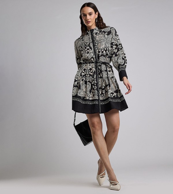 Printed Shirt Dress with Bishop Sleeves