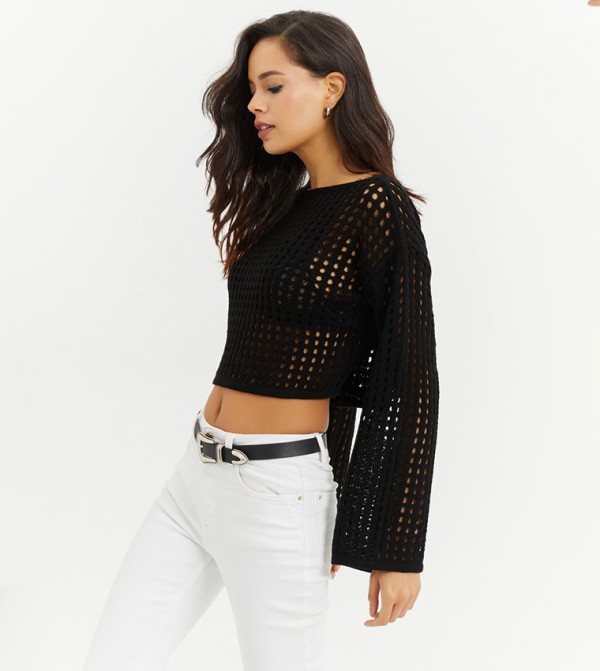 Openwork Flared Sleeves Top
