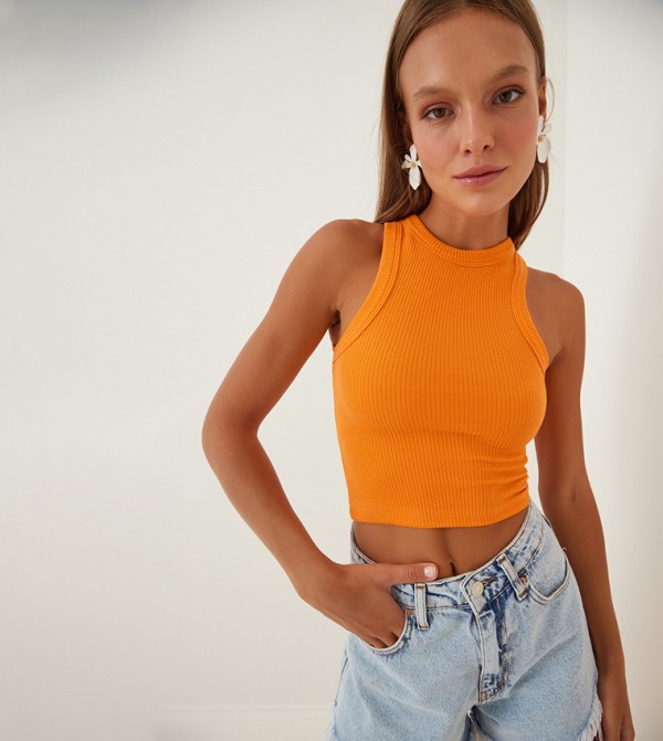 Orange high clearance neck crop top