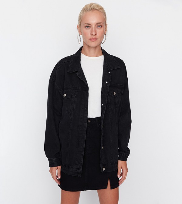 Black denim jacket store with hood womens