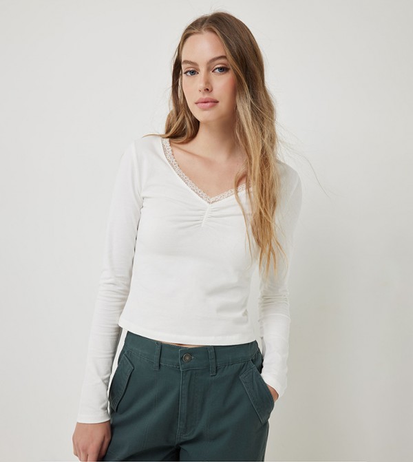 Solid Lace Trim Long Sleeves Top