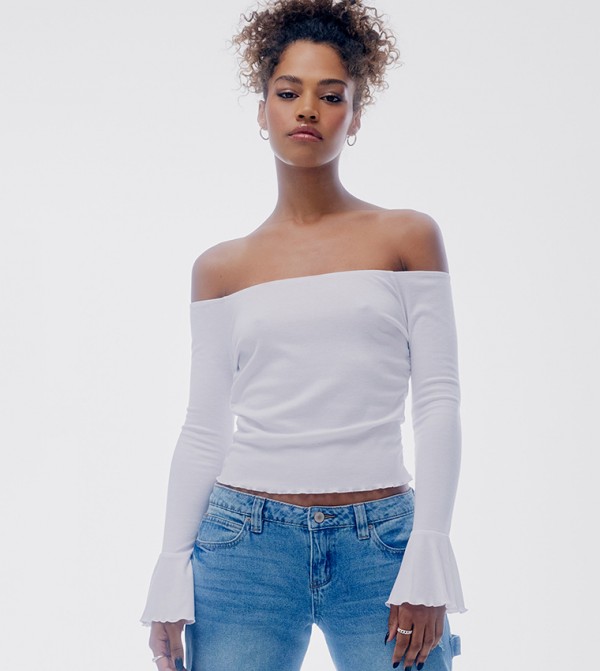 Solid Off Shoulder Flounce Sleeves Top