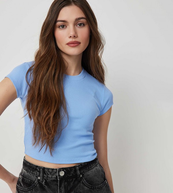 Ribbed Short Sleeves Crop T-Shirt