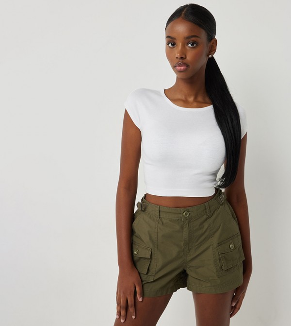 Solid Cap Sleeves Cropped T-Shirt