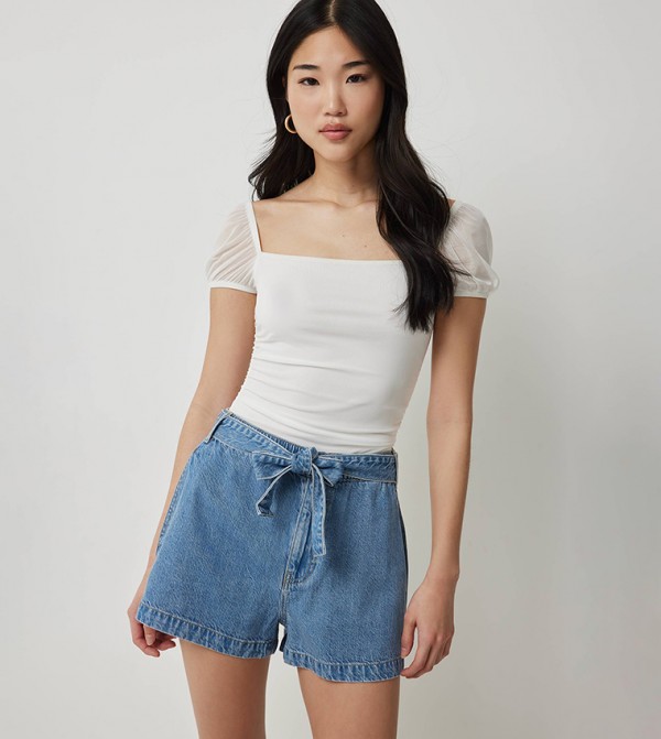 Puff Sleeves Mesh Detail Bodysuit Top