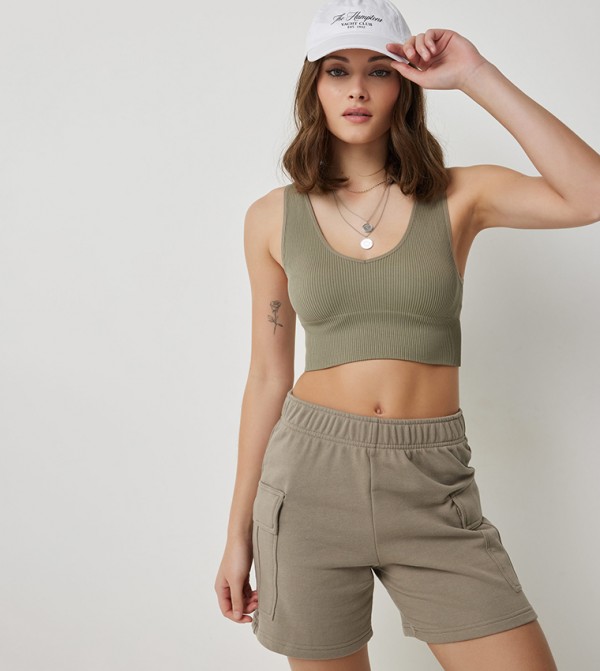  Ribbed V-Neck Crop Tank Top