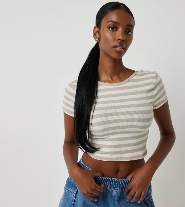 Striped Crew Neck Crop T-Shirt