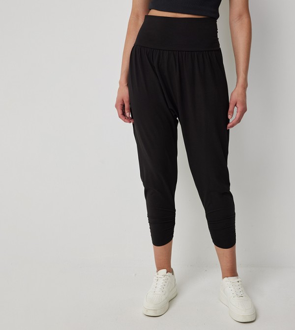 Solid Elastic Waist Harem Capris