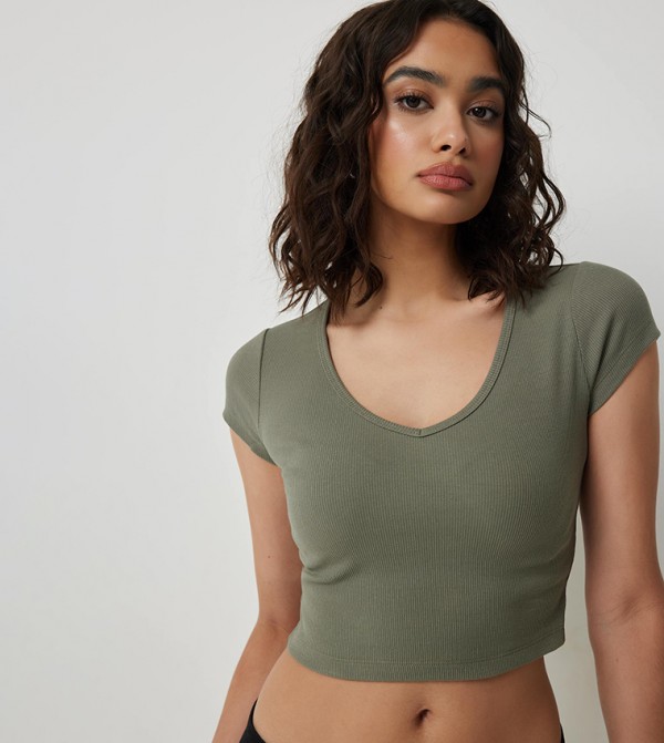 Ribbed V-Neck Short Sleeves Top