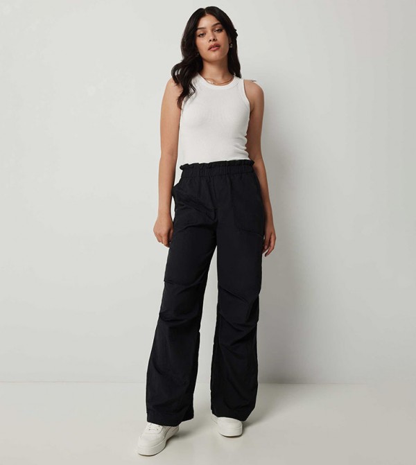 Crinkled Paperbag Waist Parachute Pants