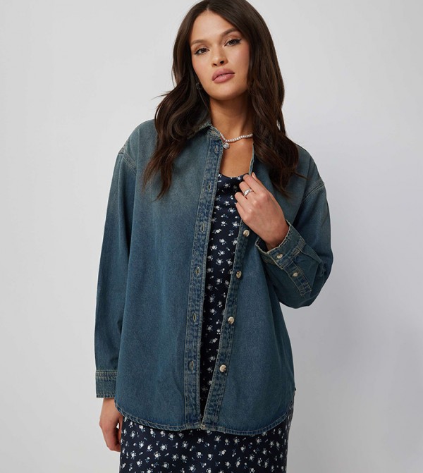 Washed Long Sleeves Denim Shacket