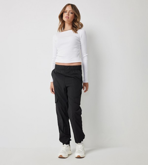 Solid Elastic Waist Cargo Joggers