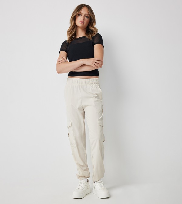 Solid Elastic Waist Cargo Joggers