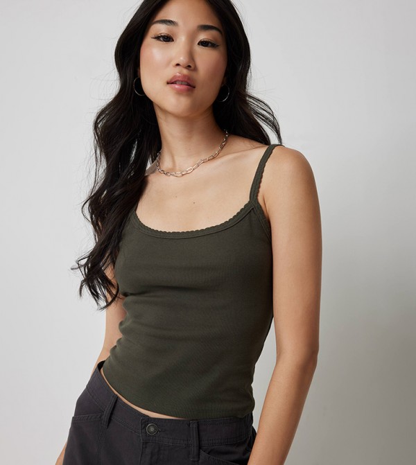 Ribbed Picot Trim Sleeveless Top