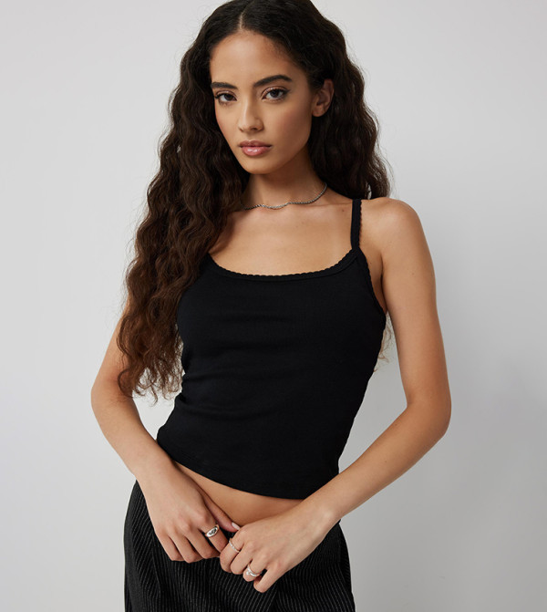 Ribbed Picot Trim Sleeveless Top