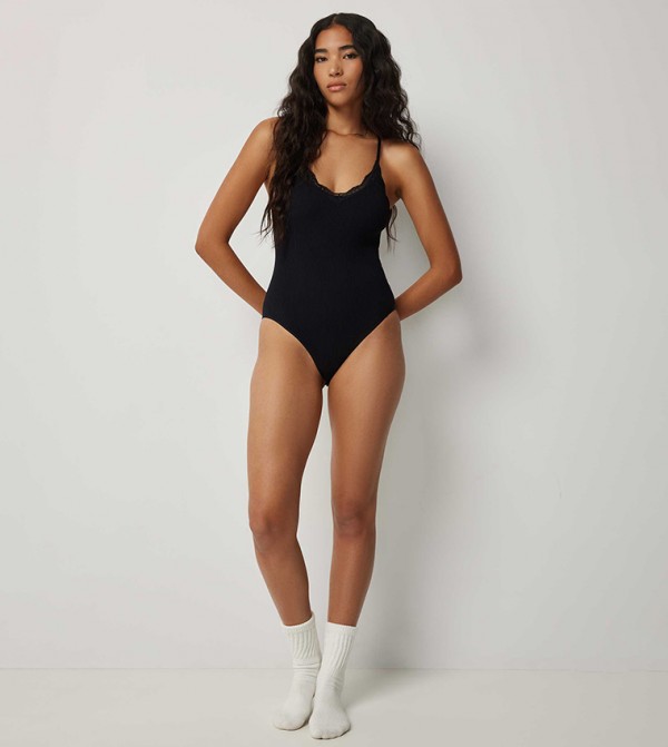 Ribbed Lace Trim Bodysuit