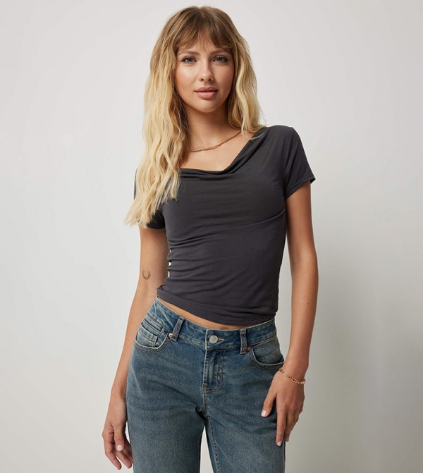 Solid Cowl Neck Crop Top