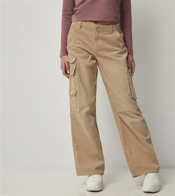 Mid Rise Wide Leg Corduroy Cargo Pants