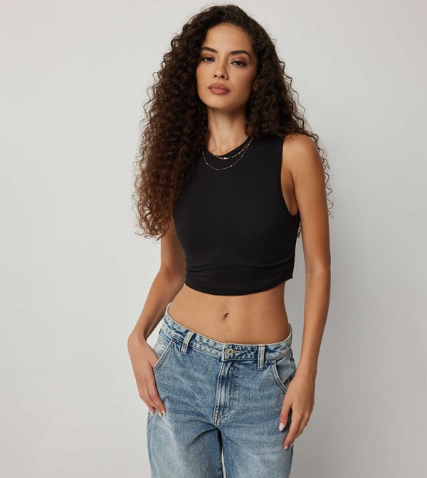 Solid High Neck Cropped Tank Top