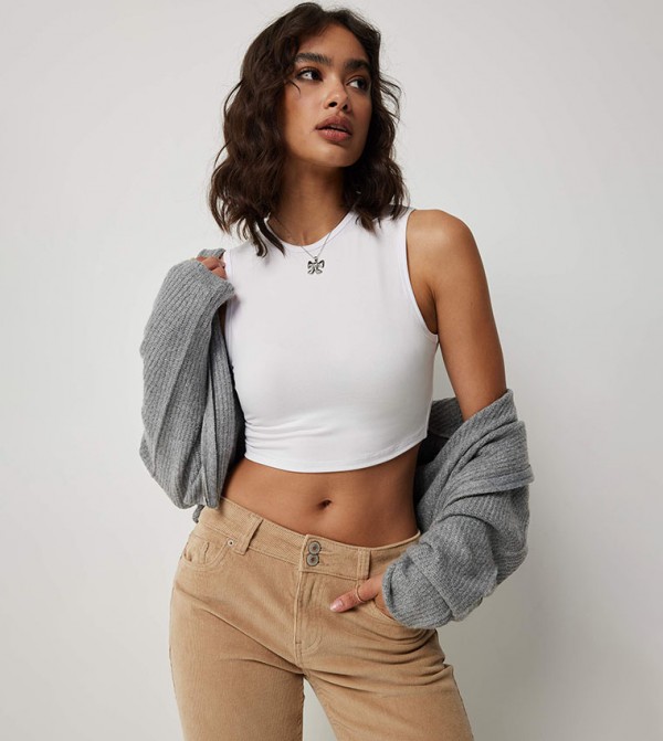Solid High Neck Cropped Tank Top