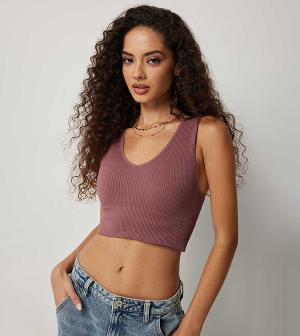 Solid V-Neck Seamless Crop Top