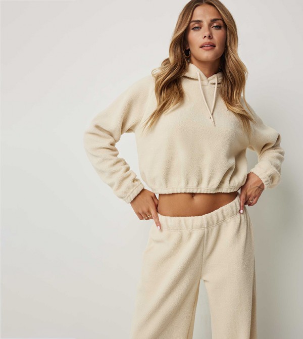 Solid Long Sleeves Crop Sherpa Hoodie
