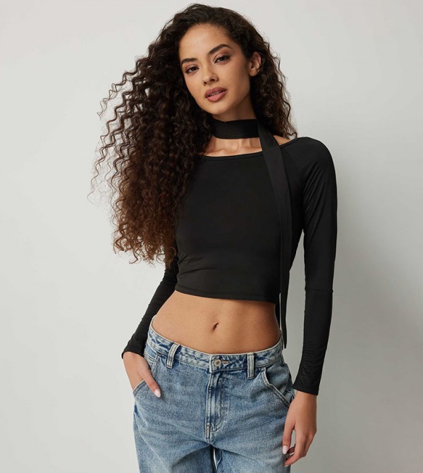 Jersey Boat Neck Crop Top with Scarf