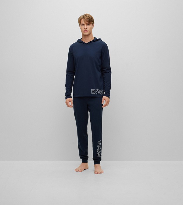 Buy Boss Stretch Cotton Logo Detail Sleep Bottoms In Navy
