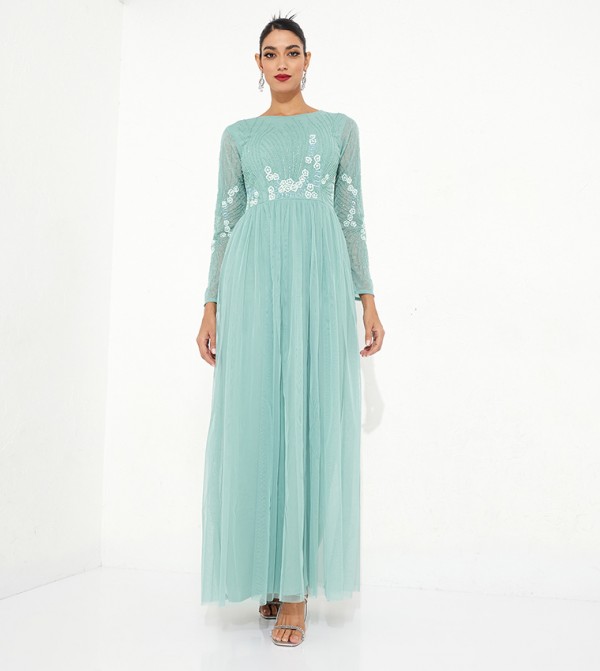 Buy Little Mistress Embellished Waist Tulle Maxi Dress In Green 6thStreet UAE