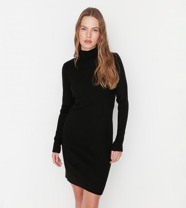Ribbed High Neck Knitted Dress
