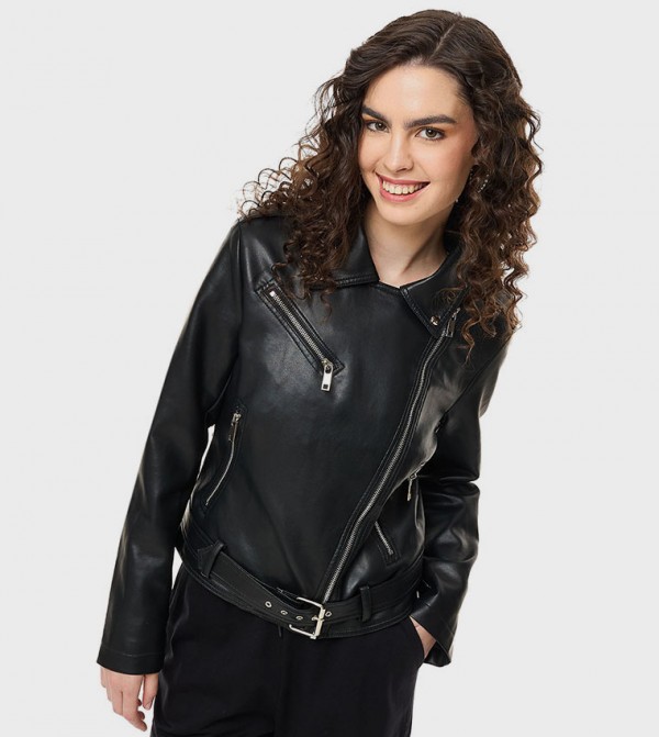PU Biker Jacket with Zipper Closure