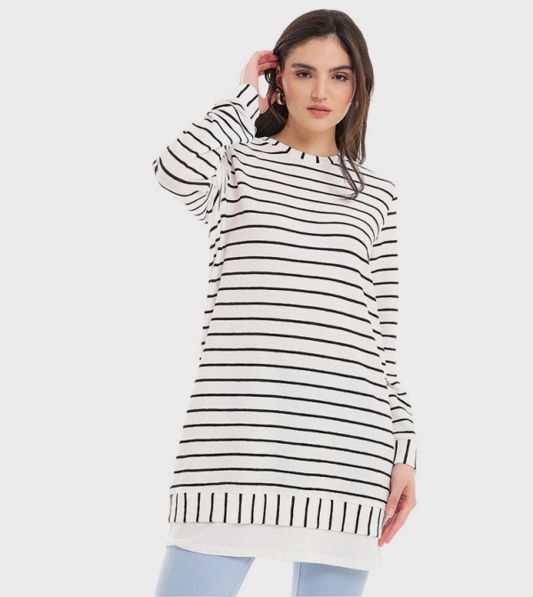 Striped Tunic with Crew Neck and Long Sleeves
