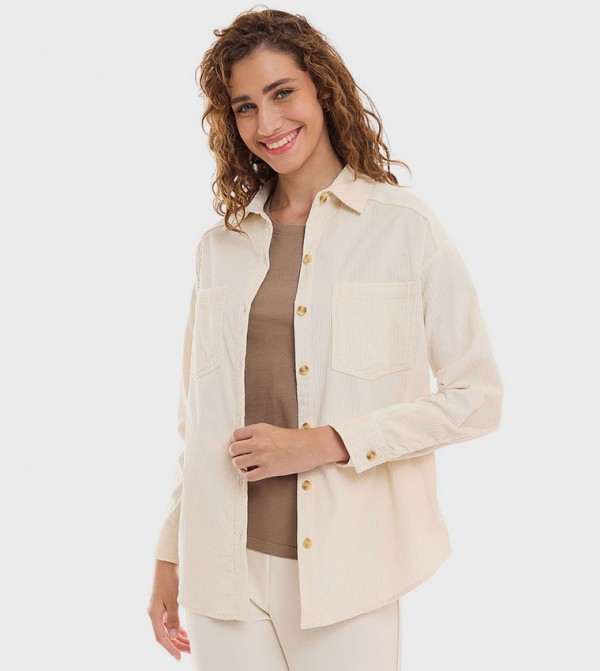 Corduroy Shirt with Classic Collar and Long Sleeves