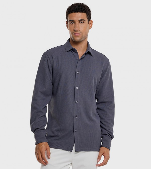 Solid Shirt with Classic Collar and Long Sleeves