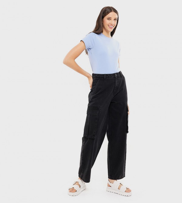 Washed Cargo Wide Leg Jeans with Button Closure