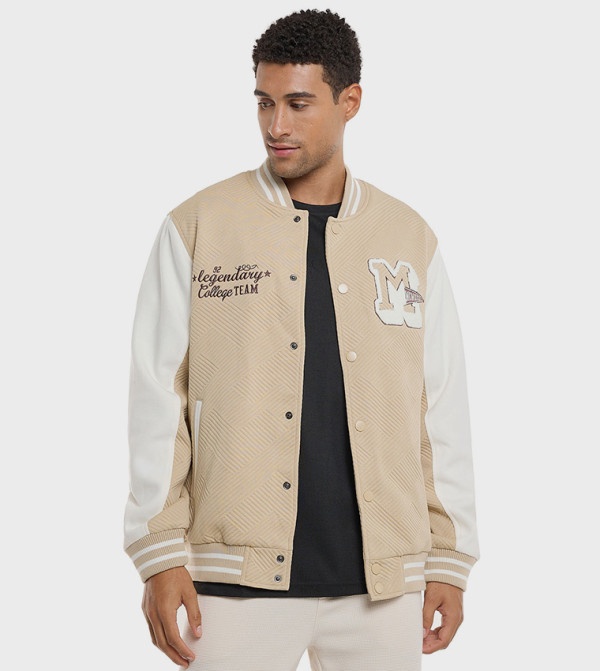 Buy R&B Color Block Bomber Jacket With Snap Button Closure In Beige ...