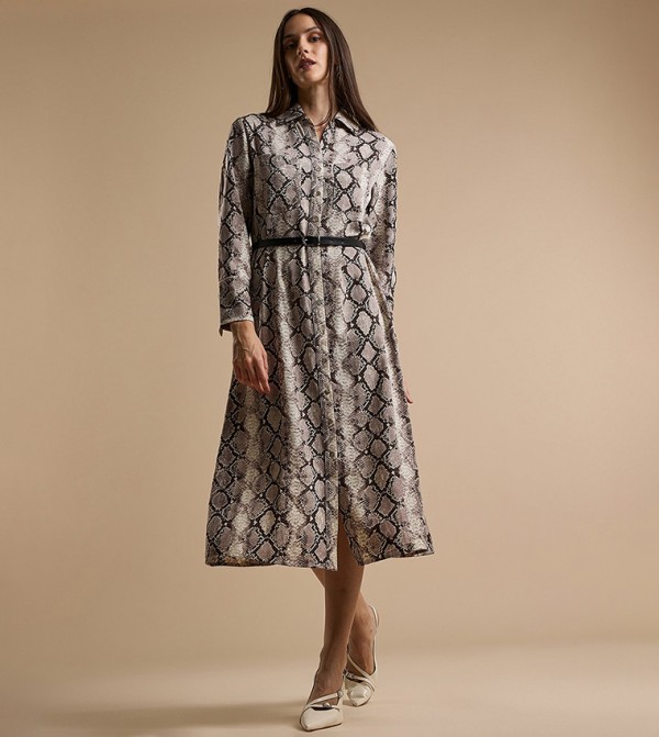 Snake Patterned Shirt Dress with Long Sleeves