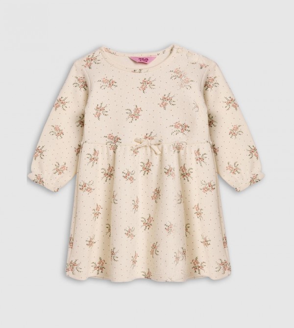 Printed Fit and Flare Dress with Long Sleeves