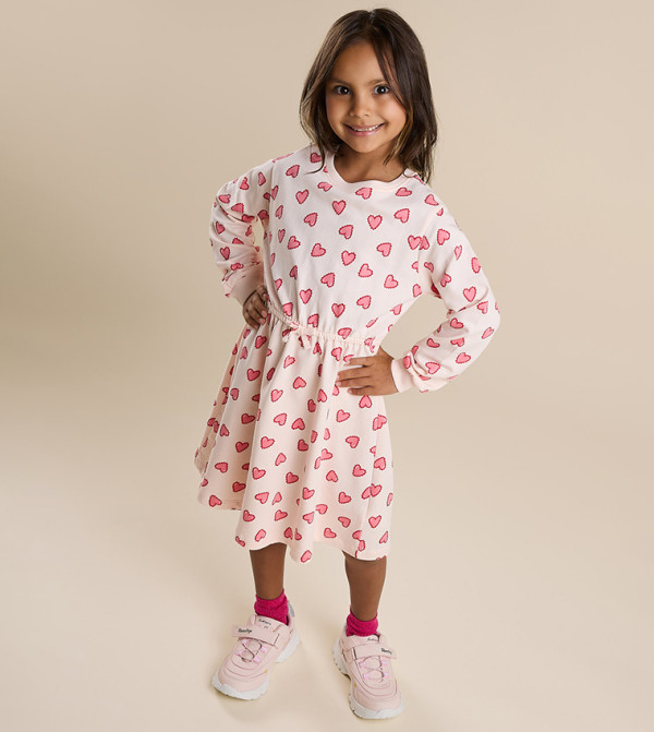 Patterned Flared Dress with Crew Neck and Long Sleeves